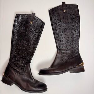 Vince Camuto Croc-Embossed Knee-High Boots – Brown – Gold Heel Detail
